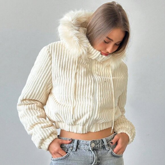 Apricot Casual Women's Corduroy Patchwork faux fur trim Hooded Short Padded Coat - Picture 4 of 6